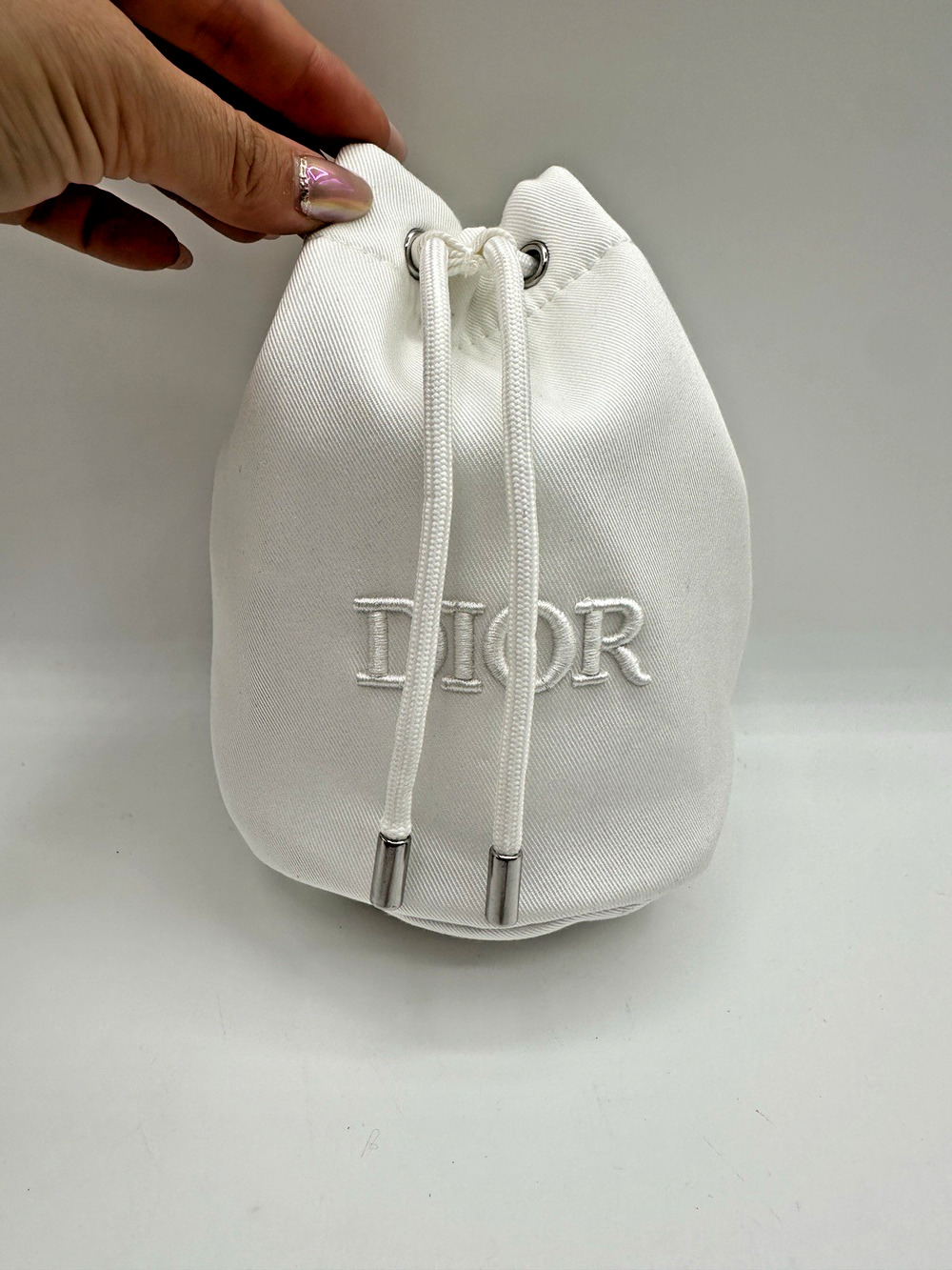 Christian Dior Off White Twill Drawstring Pouch Makeup Small Bucket Bag GWP